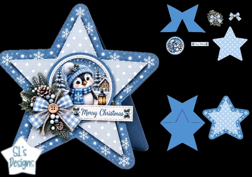 Blue Penguin Christmas Star Card • Lantern Glow & Snowy Winter Cottage