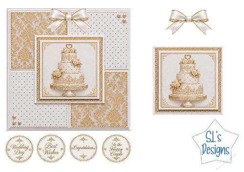 Luxury Ivory & Gold Wedding Cake Easel Card Kit with Sentiments and Bow