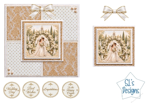 Luxury Ivory & Gold Wedding Couple Easel Card Kit with Floral Arch and Sentiments