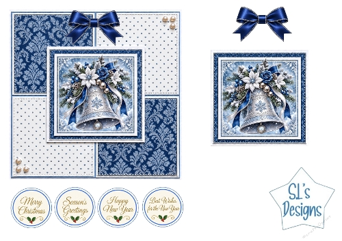 Blue Silver Christmas Bells Easel Card Kit with Festive Winter Florals and Sentiments
