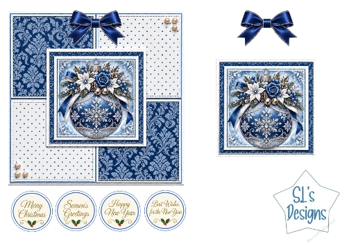 Blue Silver Christmas Bauble Easel Card Kit with Winter Florals and Festive Sentiments