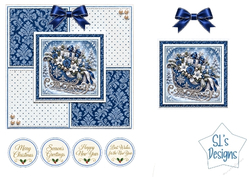 Blue Silver Christmas Sleigh Easel Card Kit with Gifts, Winter Florals and Festive Sentiments