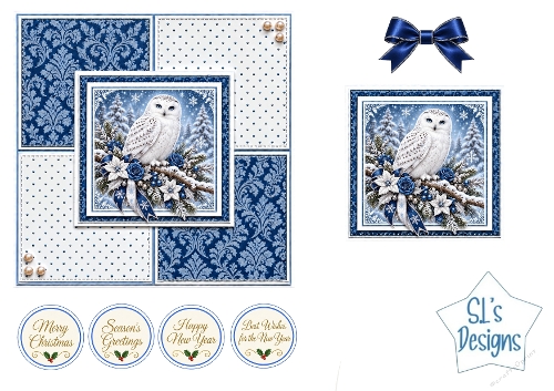 Blue Snowy Owl Christmas Easel Card Kit with Winter Florals and Festive Sentiments