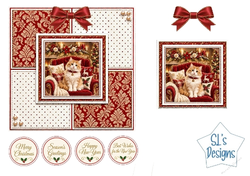 Festive Christmas Kitten Easel Card Kit in Red and Gold with Seasonal Sentiments