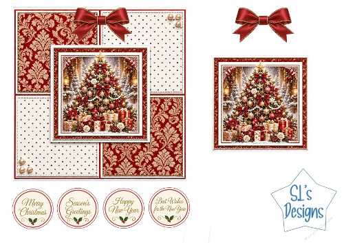 Elegant Red and Gold Christmas Tree Easel Card Kit with Festive Sentiments