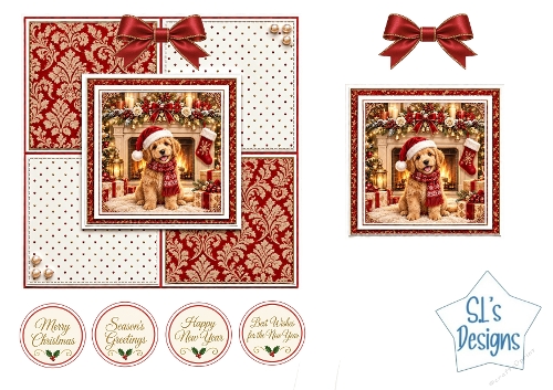 Cute Christmas Puppy Easel Card Kit in Red and Gold with Festive Sentiments