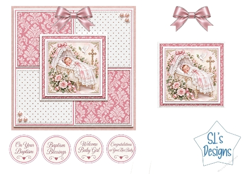 Baby Girl Baptism Easel Card Kit in Soft Pink with Roses, Dove and Religious Sentiments