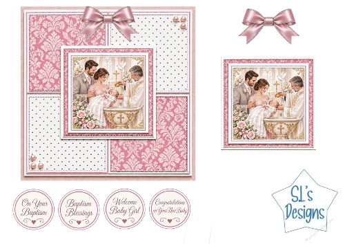 Baby Girl Baptism and Christening Easel Card Kit with Pink Roses and Religious Sentiments