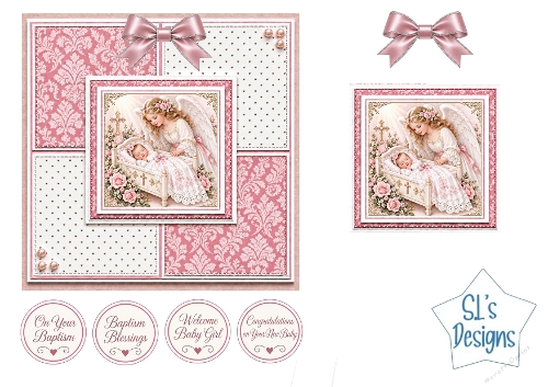 Guardian Angel Baby Girl Baptism Easel Card Kit with Pink Roses and Religious Sentiments