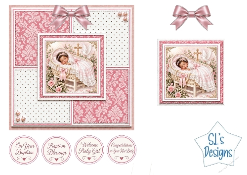 Baby Girl Baptism Easel Card Kit with Sleeping Baby, Dove and Pink Floral Elegance