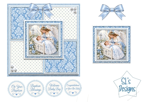 Baby Boy Baptism Easel Card Kit with Guardian Angel, Blue Roses and Religious Sentiments