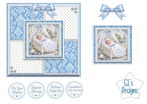 Baby Boy Baptism Easel Card Kit with Guardian Angel, Blue Roses and Religious Sentiments