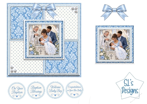Baby Boy Baptism Easel Card Kit with Church Ceremony, Blue Roses and Religious Sentiments