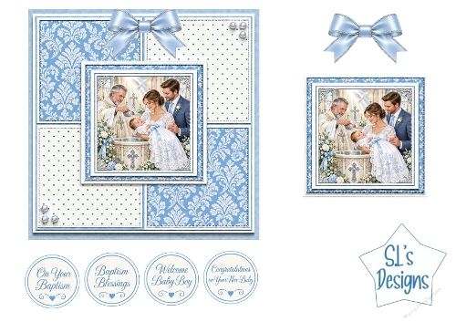 Baby Boy Baptism Card Kit Blue Damask Religious Christening Decoupage Card Topper