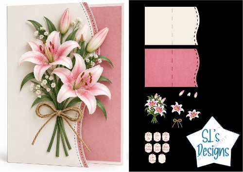Graceful Pink Lily Bouquet Card Kit with Floral Decoupage and Sentiment Tags