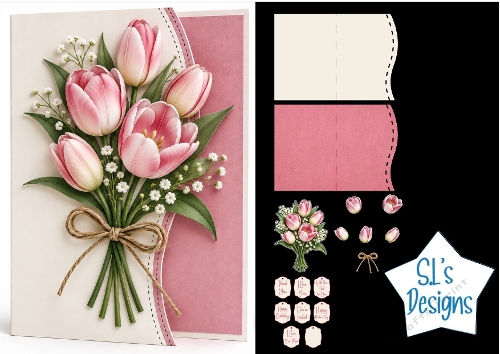 Beautiful Pink Tulip Bouquet Card Kit with Floral Decoupage and Sentiment Tags