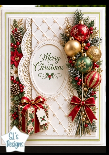 Elegant Christmas Oval Card • Poinsettia, Ornaments & Quilted Pearl Frame