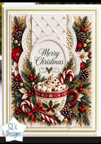 Christmas Oval Card • Hot Cocoa Cup, Poinsettias & Quilted Pearl Frame
