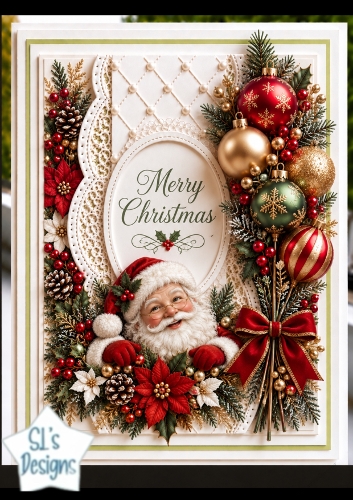 Santa Christmas Oval Card • Poinsettias, Ornaments & Quilted Lace Frame