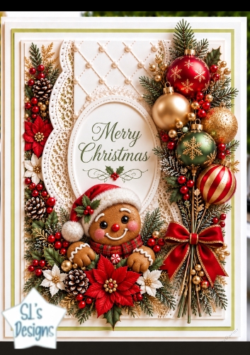 Gingerbread Christmas Oval Card • Poinsettias, Ornaments & Quilted Lace Frame