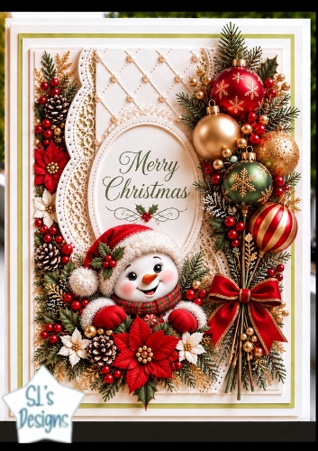 Snowman Christmas Oval Card • Poinsettias, Ornaments & Quilted Lace Frame
