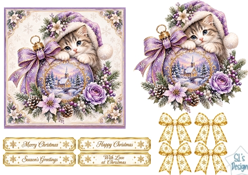Purple Kitten Christmas Card • Winter Church Ornament & Festive Bows
