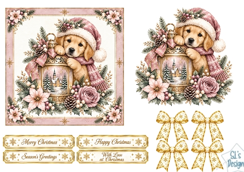 Pink Puppy Christmas Card • Winter Lantern & Festive Florals