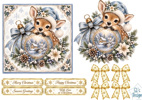 Blue Baby Deer Christmas Card • Winter Village Ornament & Snowy Florals