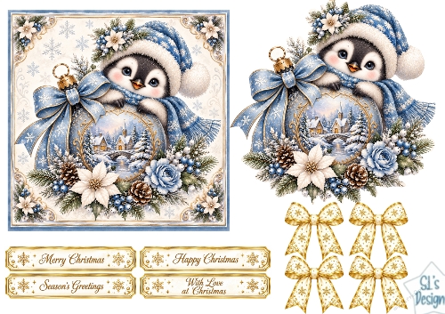 Blue Penguin Christmas Card • Winter Village Ornament & Snowy Florals