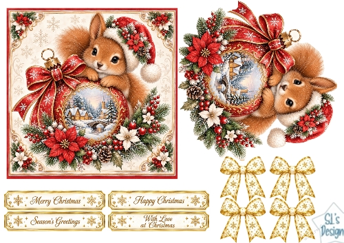 Red Squirrel Christmas Card • Winter Village Ornament & Festive Florals