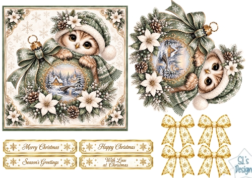 Green Owl Christmas Card • Winter Village Ornament & Snowy Florals