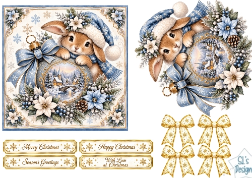Blue Rabbit Christmas Card • Winter Village Ornament & Snowy Florals
