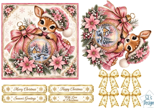 Pink Baby Deer Christmas Card • Winter Cottage Ornament & Festive Florals