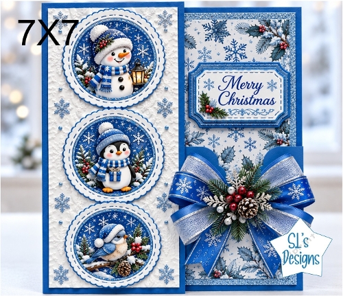 Blue Christmas Snowman Penguin and Robin 7x7 Card Kit