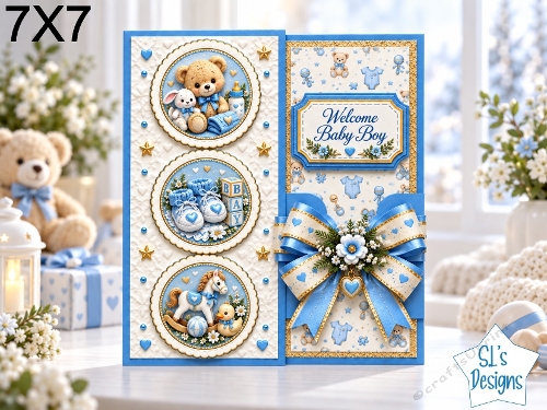 Welcome Baby Boy Teddy Bear and Baby Toys 7x7 Card Kit