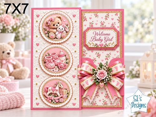 Welcome Baby Girl Teddy Bear and Rocking Horse 7x7 Card Kit