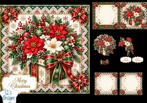 Christmas Gift Box Card • Red Poinsettias, Holly & Festive Lace Frame