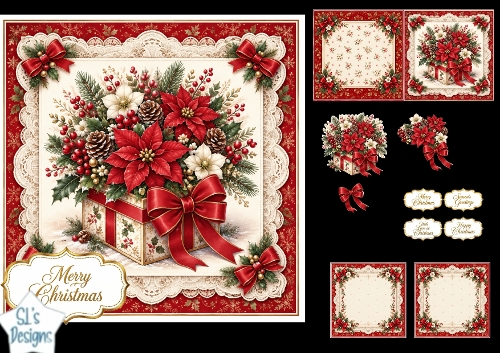 Red Christmas Gift Box Card • Poinsettias, Holly & Festive Lace Frame