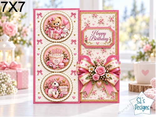 Little Girls Birthday 7x7 Card Kit – Cute Teddy Bear & Unicorn