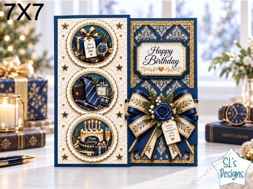 Elegant Mens Birthday 7x7 Card Kit – Navy Blue & Gold
