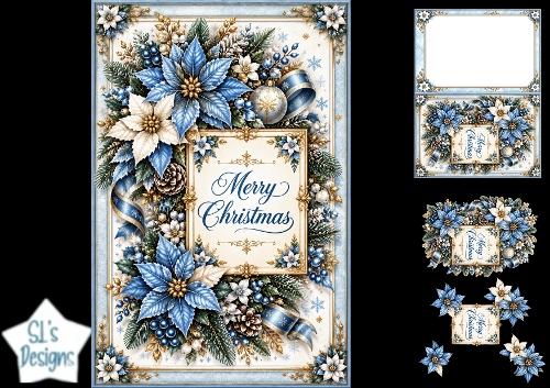 Elegant Blue & Gold Poinsettia Merry Christmas Topper for Cards