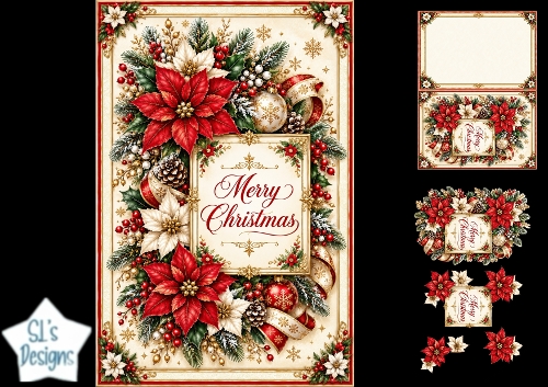 Luxurious Red & White Poinsettia Merry Christmas Topper for Cards