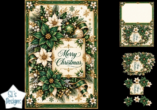 Luxurious Green & Gold Poinsettia Merry Christmas Topper for Cards