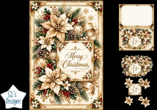Luxurious Gold & Cream Poinsettia Merry Christmas Topper for Cards