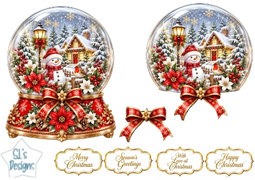 Luxurious Christmas Snow Globe Cottage Topper with Poinsettias & Winter Scene