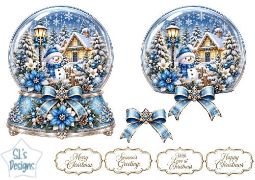 Elegant Blue Poinsettia Christmas Snow Globe Topper with Winter Cottage Scene