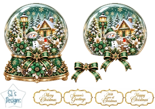 Elegant Green & Gold Christmas Snow Globe Cottage Topper for Cards
