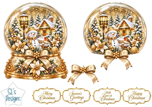 Elegant Gold & White Christmas Snow Globe Cottage Topper for Cards