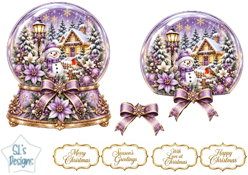 Elegant Purple & Gold Christmas Snow Globe Cottage Topper for Cards