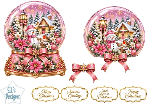 Elegant Pink & Gold Christmas Snow Globe Cottage Topper for Cards